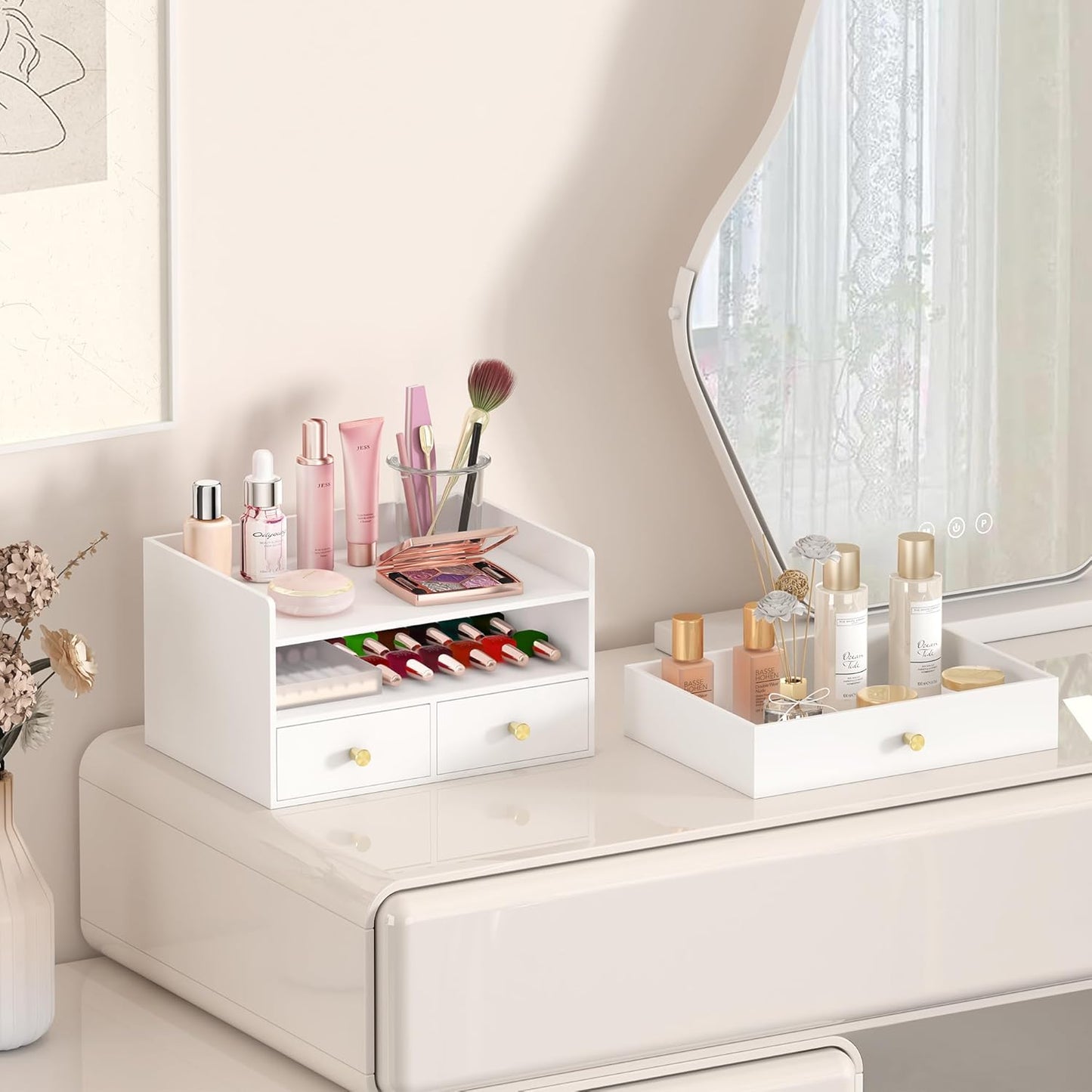 Bamboo Desk Organizer - Stackable, No Assembly Required, Ideal for Office/Home Use - Perfect for Toiletries, Stationery, Accessories. (White, Fence three Desk Organizer)