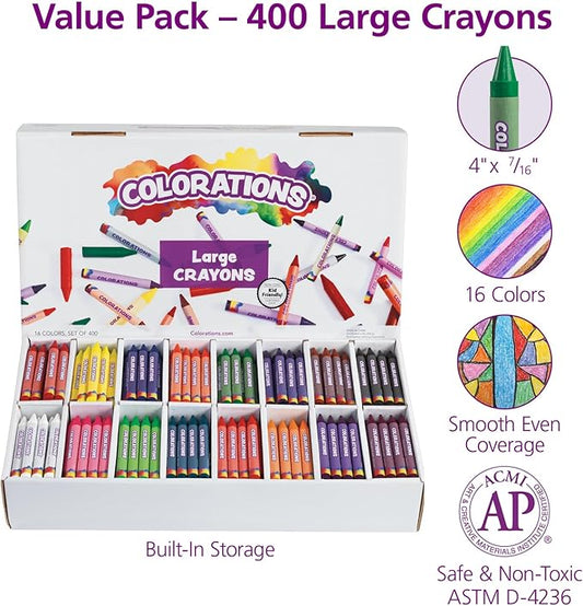 Colorations Large Crayon Classroom Pack, 400 Count, 16 Colors, Non-Toxic, Kids School Supplies - Bulk Jumbo Crayons for Toddlers, Arts and Crafts