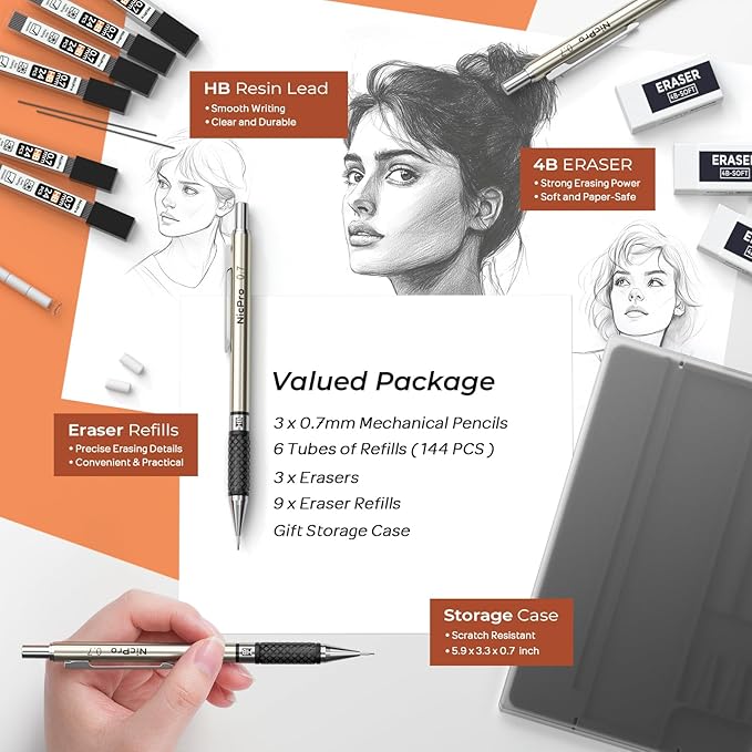 Nicpro 0.7 mm Art Mechanical Pencil Set in Storage Case, 3 PCS Metal Drafting Pencil Lead Pencil with 6 Tube HB Lead Refills, 3 Erasers, 9 PCS Eraser Refills for Artist Writing, Drawing, Sketching