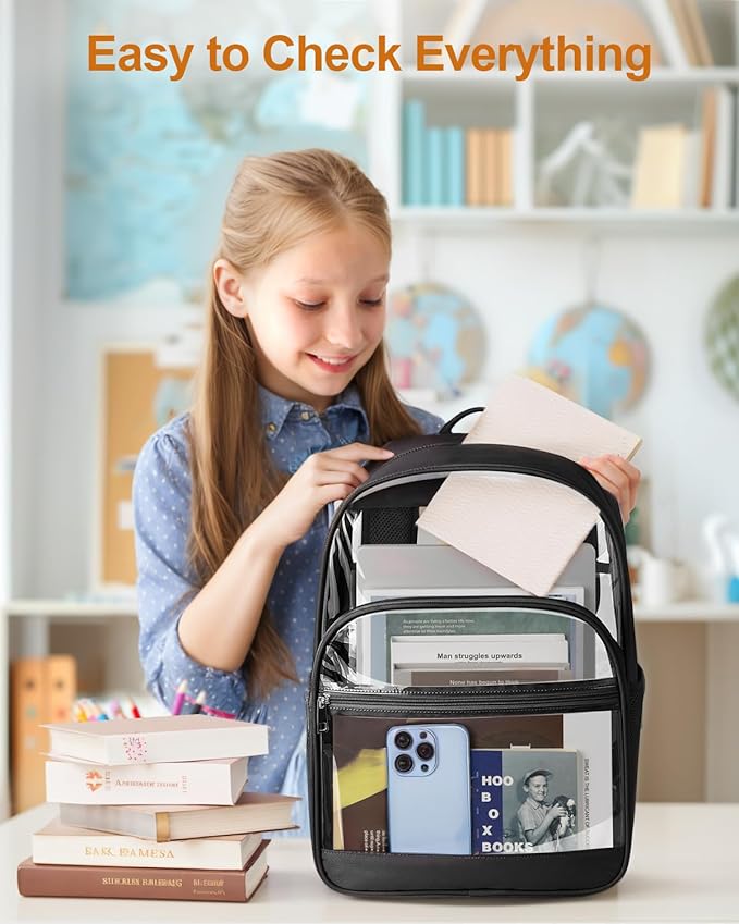 Clear Backpack, Heavy Duty Transparent Bookbag for School, Fabric & PVC Transparent Backpack with Reinforced Strap for Women Men, Capacity Clear Bag for College, Medium Black