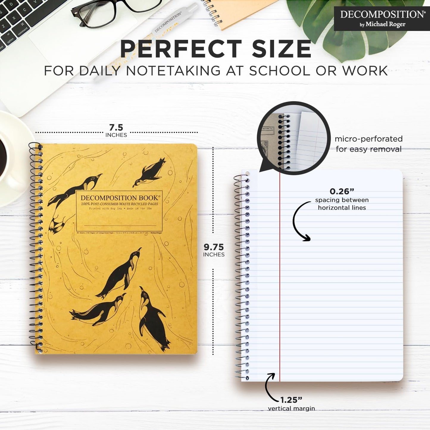 Decomposition King Penguins College Ruled Spiral Notebook - 9.75 x 7.5 Journal with 160 Lined Pages - 100% Recycled Paper - Cute Notebooks for School Supplies, Home & Office - Made in USA