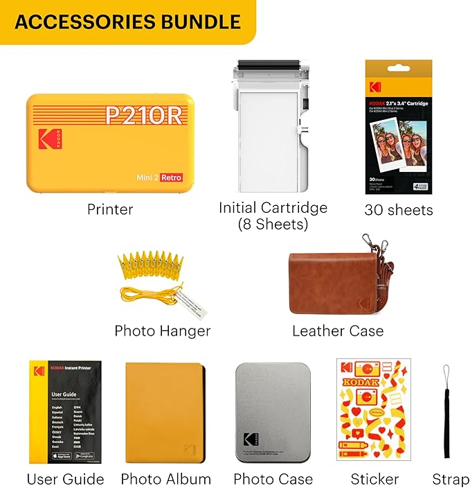 KODAK Mini 2 Retro 4PASS Portable Photo Printer (2.1x3.4 inches) Initial 8 Sheets + 30 Sheets + Gift Bundle, White