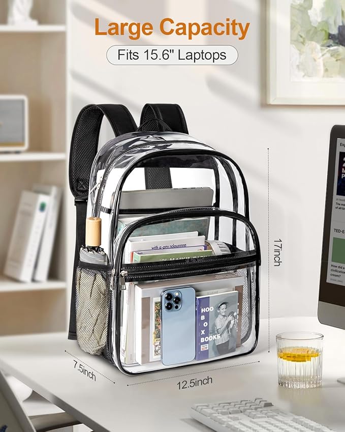 Clear Backpack, Heavy Duty Transparent Bookbag for School with Reinforced Strap for Women, Men, Capacity Bag for College Clear