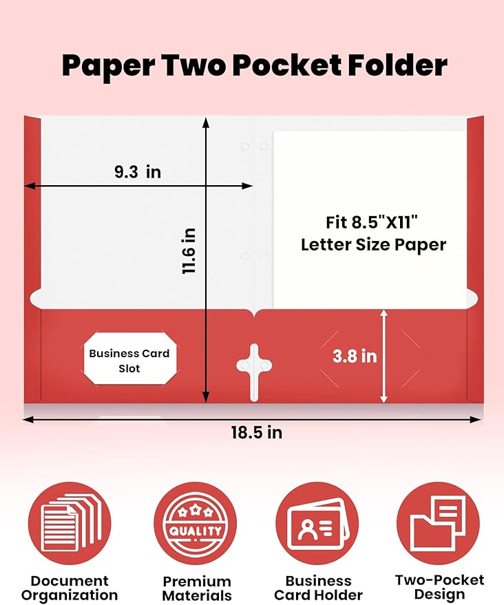 SUNEE Folders with Pockets 3 Hole Punched(50 Pack, Red), 2 Pocket Folders Fit Letter Size Paper, Paper File Folder for School Office Home Business