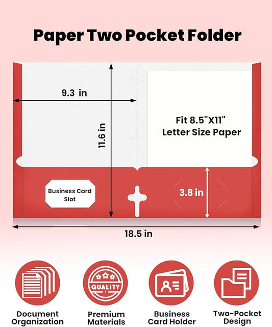 SUNEE Folders with Pockets 3 Hole Punched(50 Pack, Red), 2 Pocket Folders Fit Letter Size Paper, Paper File Folder for School Office Home Business