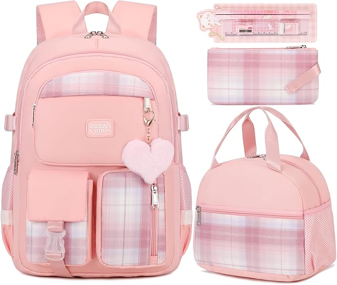 3PCS Backpack For School Women College Middle High Teen Girls Student Bookbag Waterproof Laptop Bag Plaid Pink