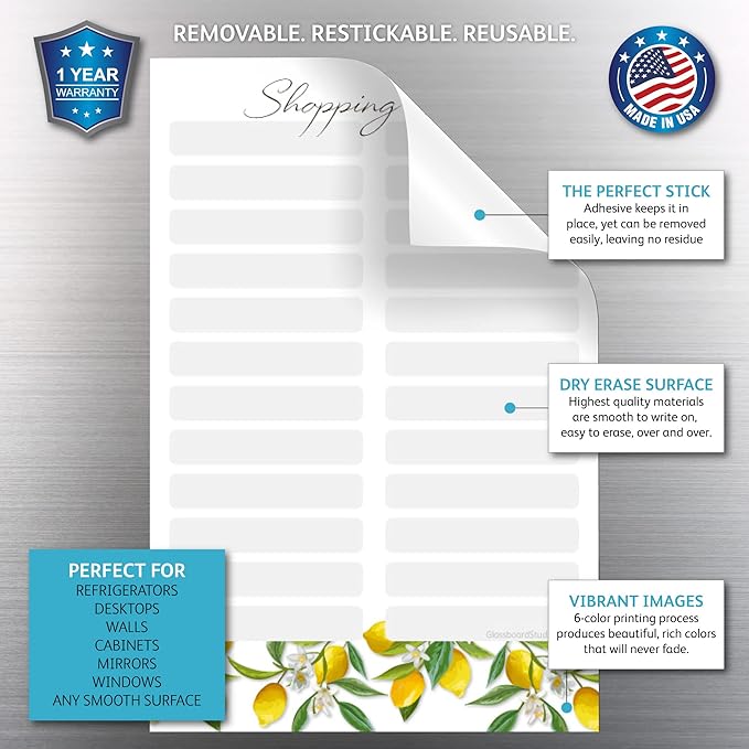 Dry Erase Shopping List Vinyl Sticker Decal Whiteboard by Glassboard Studio | Removable & Reusable | Magnetic Fine-Tip Marker Included (6 x 9 inches, Lemon Fresh)