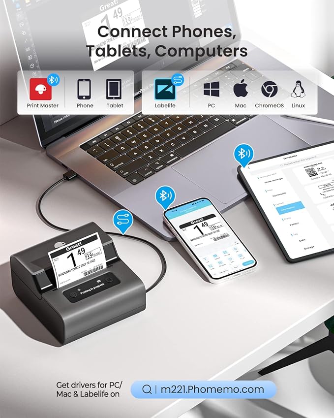Phomemo M221 Label Maker, New Upgraded 3 Inch Bluetooth Thermal, Easier & More Stable, for Product, Address, Barcode, Small Business, Portable Label Printer DIY on Phone/PC, Space Gray,+100 Labels
