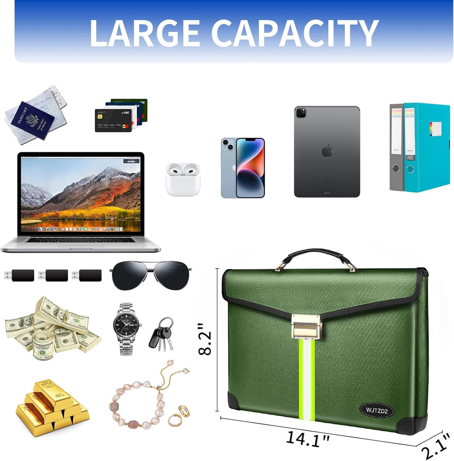 6500°F Fireproof Document Bag with Lock,Upgraded Fireproof/Waterproof Money Bag with Zipper/Reflective Strip,Storage Pouch for A4 Letter Size Document,Cash,Cell Phone,Passport