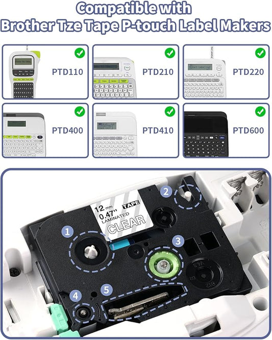 TZe White on Clear Replacement for Brother TZe-135 TZe135 12mm 0.47 Laminated TZ Tape, Compatible with Brother P-Touch Label Maker PT-D210 PT-H100 PT-D220 PTD400AD PT1880 PT1290 PT1830, 4 Pack
