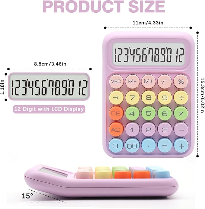 Purple Calculator, Cute Calculator with 12 Digit Display and Big Buttons,Purple Office Supplies and Desk Accessories for Office Clerks