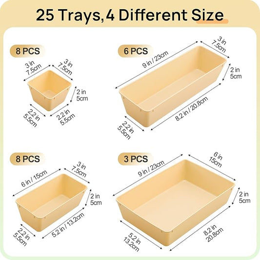 Vtopmart 25 PCS Plastic Drawer Organizers Set, 4-Size Versatile Bathroom and Vanity Drawer Organizer Trays, Storage Bins for Makeup, Bedroom, Kitchen Gadgets Utensils and Office