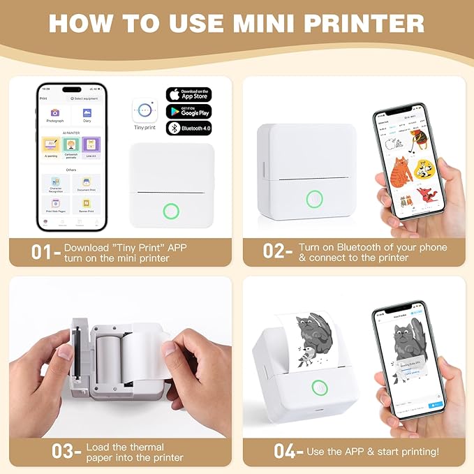 cudinham Print Pods Mini Printer, Thermal Inkless Sticker Maker with 3 Rolls Paper, Pocket Printpod for Phone, Impresora Portátil for Notes, Flashcards, Journal, DIY (Pure White)