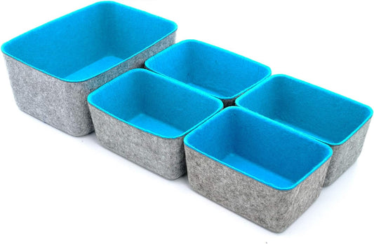 Welaxy office Drawer organizers bins Deep draw organiser Felt storage bin drawers Desk draw dividers boxes for toys makeup jewelery rolled ties organizing 5 pack (Turquoise)
