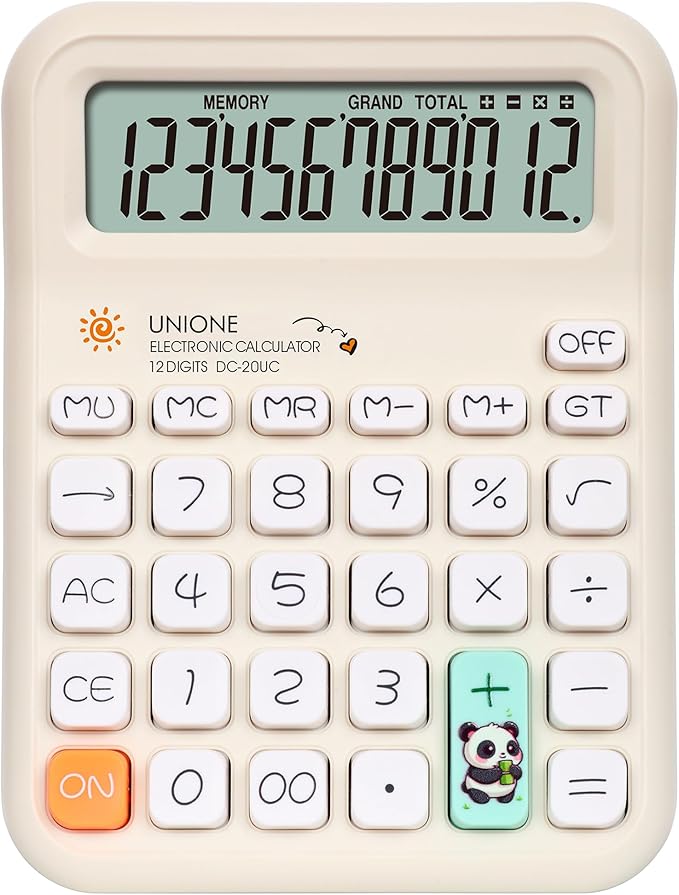 UNIONE Panda Calculator with a Bright LCD, Dual Power Handheld Desktop. Color. Business, Office, High School… (Beige)