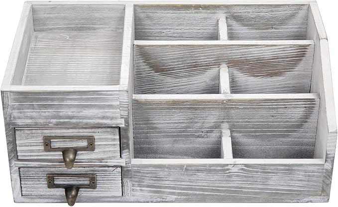 Distressed Rustic Wooden Office Desktop Organizer Wood Shelf Tabletop Home Organizer Storage with Multiple Compartments 2 Tier Drawers,perfect Jewelry storage Display Box for Desk, Vanity (gray)