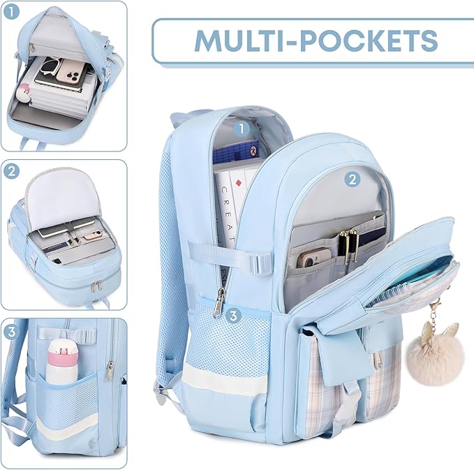 3PCS School Backpack For Student Women College Middle High Teen Girls Bookbag Waterproof Laptop Bag Plaid Blue