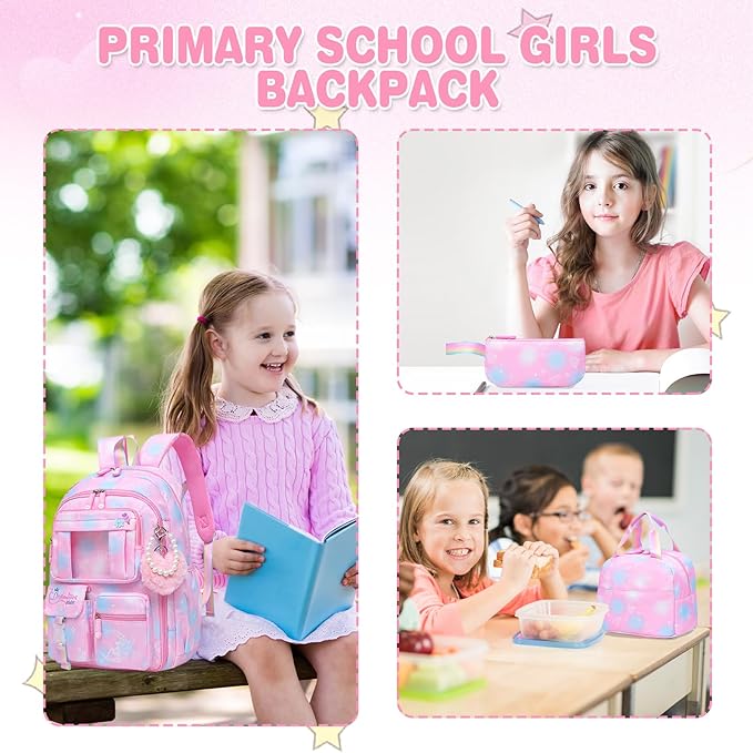 Sweet Girls Backpack - Stylish Splash-resistant School Bag with Multiple Pockets & Trendy Laptop Compartment（17inch Set Pink）