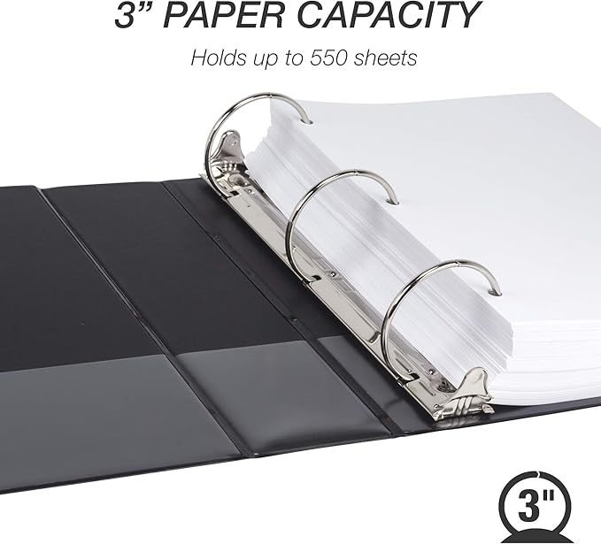 Samsill Durable 3 Inch Binder, Made in the USA, Round Ring Customizable Clear View Binder, Black, 4 Pack (MP48480)