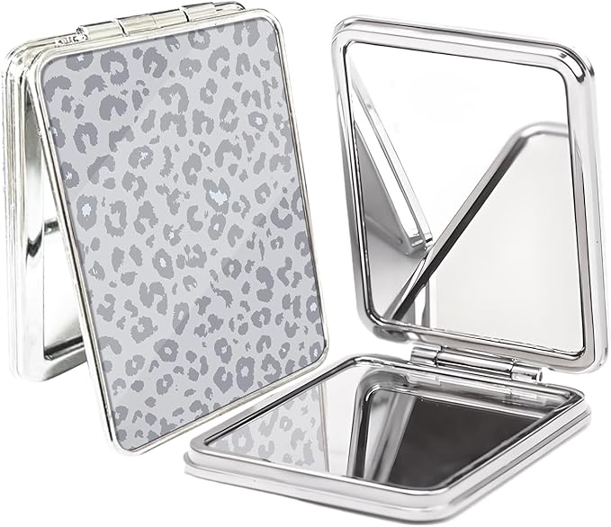 Compact Pocket Mirror, Cute Travel Mini Mirror with Magnification, Foldable Double-Sided Portable Cosmetic Mirror for Men, Women Grey Leopard