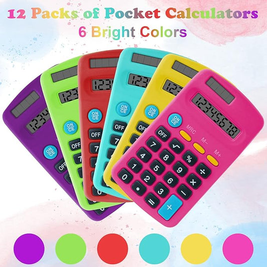 12 Pieces Pocket Calculator,Pocket Size Mini Calculators,8 Digit Display Basic Calculator,Solar Battery Dual Power Desktop Calculators for Students Kids Home Office (Multicolor, 12 Pieces)
