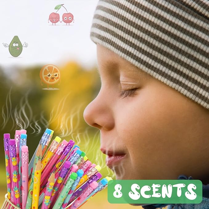 Leinuosen 200 Pcs Scented Pencils for Kids Cute Motivational Colorful Fun Wood HB Pencils Bulk with Erasers Fruit Elements for School Office Classroom Student