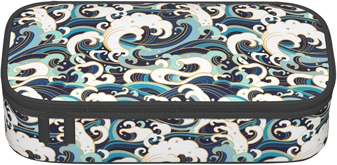 Japanese Ocean Waves Large Pencil Case With Zipper Compartments Stationery Pencil Bag For Kids Teens Students School Supplies