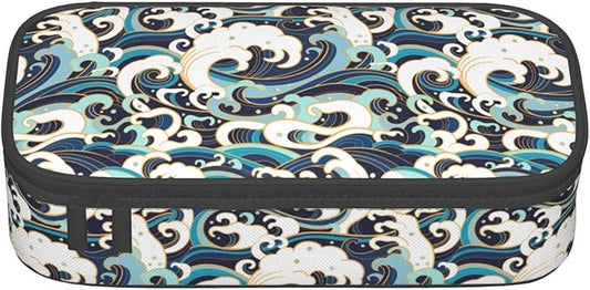Japanese Ocean Waves Large Pencil Case With Zipper Compartments Stationery Pencil Bag For Kids Teens Students School Supplies