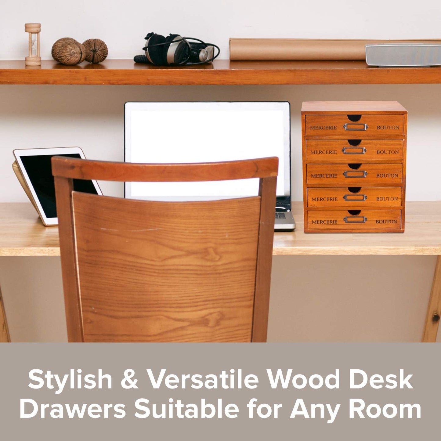 Vintage 5-Drawer Wooden Desk Organizer - Craft Storage Drawers - Rustic Shelf Drawer - Ideal Home Office Organizers and Accessories - Embroidery Floss - Apothecary Cabinet, Art Storage I Stackable