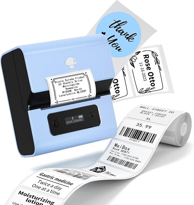 Phomemo Label Makers- M221 Brcode Label Printer 3 Inch Bluetooth Label Maker Machine for Barcode, Address, Logo, Mailing, Stickers, Small Business, Home, Office, Blue
