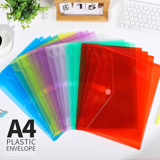 LEOBRO Plastic File Folders for Documents, 20 PCS Plastic Envelopes, Reusable File Folders File Bags Document Holder, A4 Size