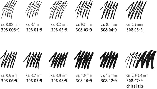 STAEDTLER Pigment Liner Pack, Black, 3 Pens, Assorted Line Widths 0.5mm/1.2mm/Chisel, 308-9S2BK3