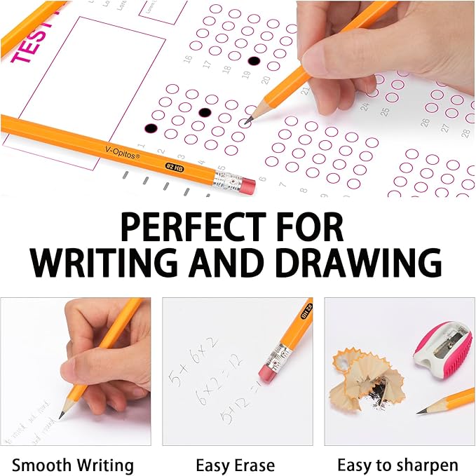 V-Opitos Wood-Cased #2 HB Pencils, 50 Pack Pre-Sharpened with Top Erasers, Bulk Yellow Pencils for School, Writing, Drawing and Sketching