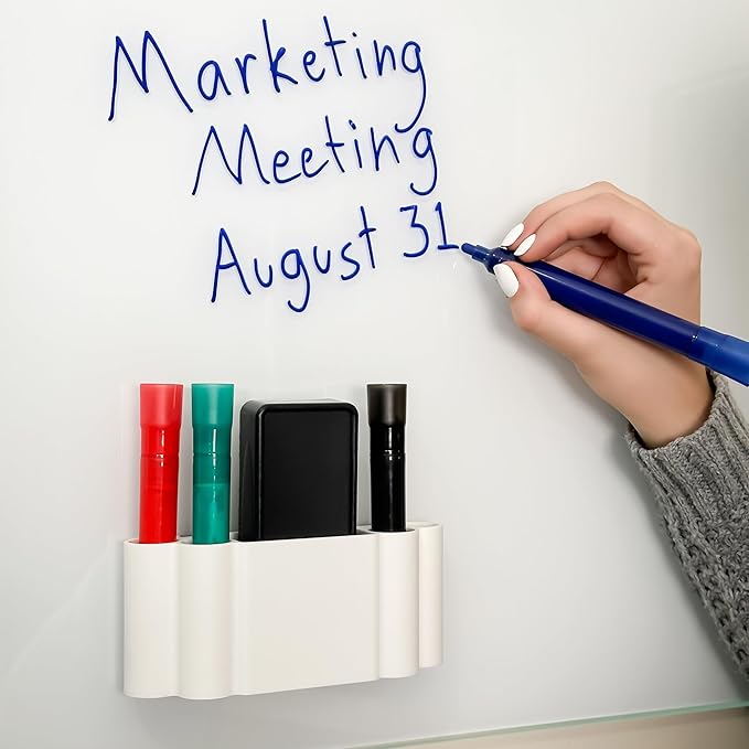 Glassboard Studio Magnetic Dry Erase Marker Holder - Super Strong for Magnetic Glass Whiteboard or Fridge - 2 Large Neodymium Magnets - No Slip Grip - Eco-Friendly PLA Plastic (Snow White)