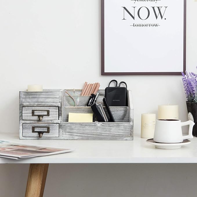 Distressed Rustic Wooden Office Desktop Organizer Wood Shelf Tabletop Home Organizer Storage with Multiple Compartments 2 Tier Drawers,perfect Jewelry storage Display Box for Desk, Vanity (gray)