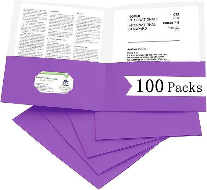 Zzrywuty 100 Packs Paper Folders with Pockets for Students,Businessmen and Office Workers,Letter Size,Two Pocket Folders with Card Slot for Office,Business,School Supplies (Purple)