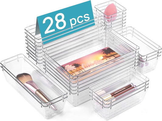 Vtopmart 28 PCS Clear Plastic Drawer Organizers Set, 4-Size Bathroom and Vanity Drawer Organizer Trays, Acrylic Storage Bins for Toiletries, Makeup, Cosmetic, Kitchen Utensils, Tool, Gadgets