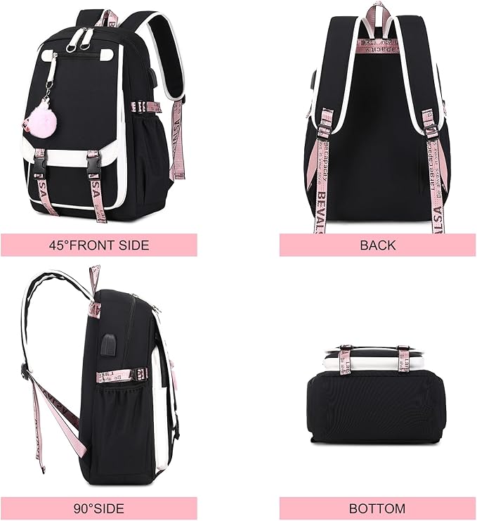 Bevalsa School Backpack for Girls, Backpack with Lunch Box & Pen Case, Bookbag for Girls Kids Elementary Middle High School Student 21L Children Schoolbag