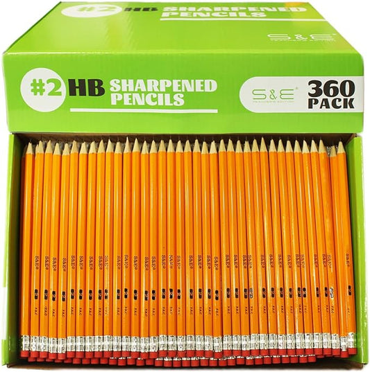 S & E TEACHER'S EDITION 360pcs Pre-sharpened Pencils with eraser top, No.2 pencils #2 HB pencil, Golf, Classroom, Pew, Back to school, 360 pcs/box