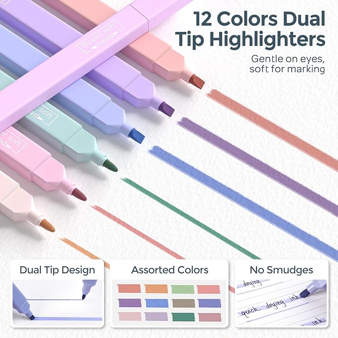 Nicpro 39 PCS Aesthetic School Supplies with Cute Pencil Case, 12 Pastel Highlighters, 5 Black Gel Pens for School, 6 Mechanical Pencils Set 0.5 & 0.7mm for Student Stationary College Essentials(Blue)