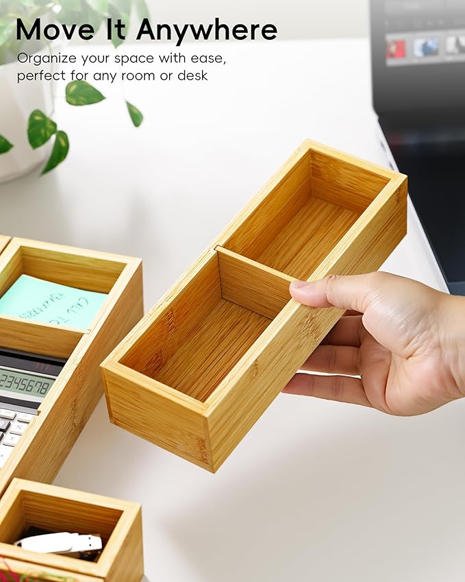 Desk Drawer Organizer Tray Set of 6 – Bamboo Office Storage Boxes with 12 Compartments for Office Supplies, Cosmetics, Jewelry and More