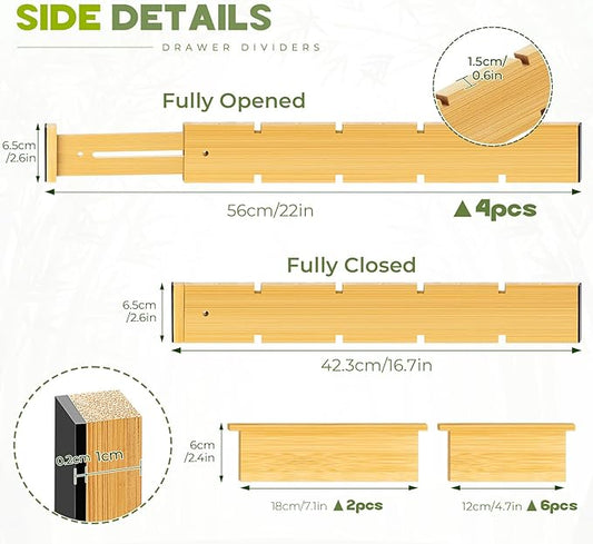 Bamboo Drawer Dividers 4PCS with Inserts, Expandable Kitchen Utensil Drawer Organizers,Adjustable drawer organizer for deep drawers Dresser Closet Underwear Storage Bedroom Bathroom Drawers(16.6"-22")