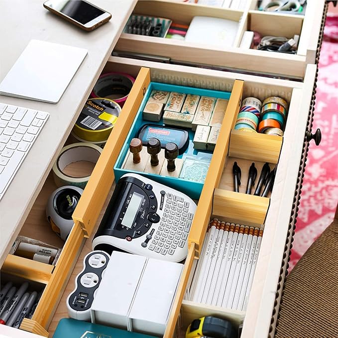 ANTOWIN Bamboo Drawer Dividers Organizers, Drawer Separators Splitter,13-17 inches Long Adjustable Spring-loaded Organizer for Large Utensil, Clothes, Tools Drawers (4+3)