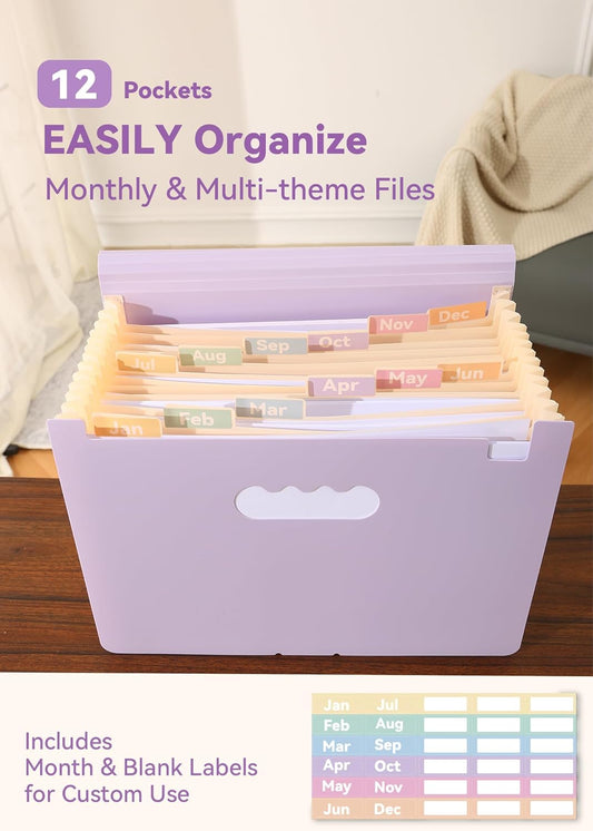 Accordion File Organizer 12 Pockets, Monthly Bill Receipt Tax Organizer, Expanding File Folders with Larger Bright Tabs, Fits Letter/A4 Size - Black - Purple