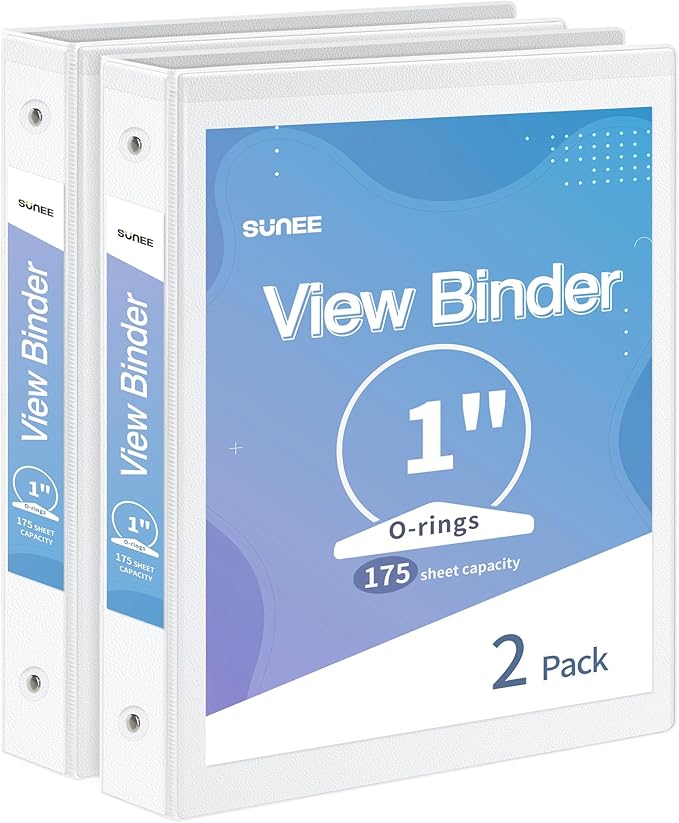 SUNEE 3 Ring Binder 1 Inch 2 Pack, Clear View Binder Three Ring PVC-Free (Fit 8.5x11 Inches) for School or Office Supplies, White