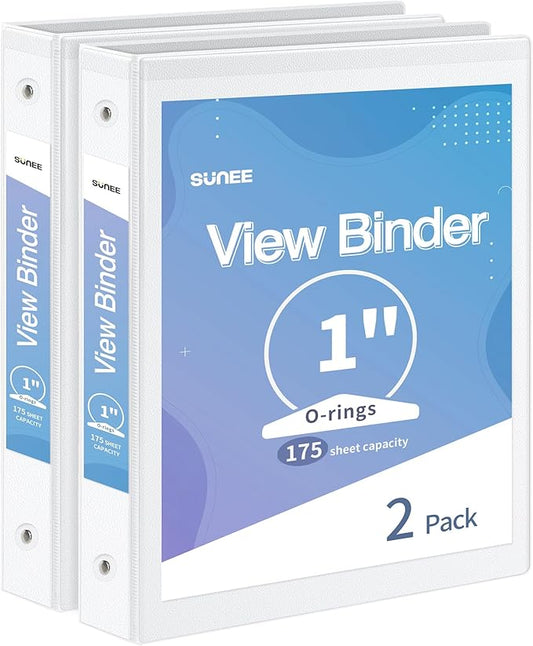 SUNEE 3 Ring Binder 1 Inch 2 Pack, Clear View Binder Three Ring PVC-Free (Fit 8.5x11 Inches) for School or Office Supplies, White