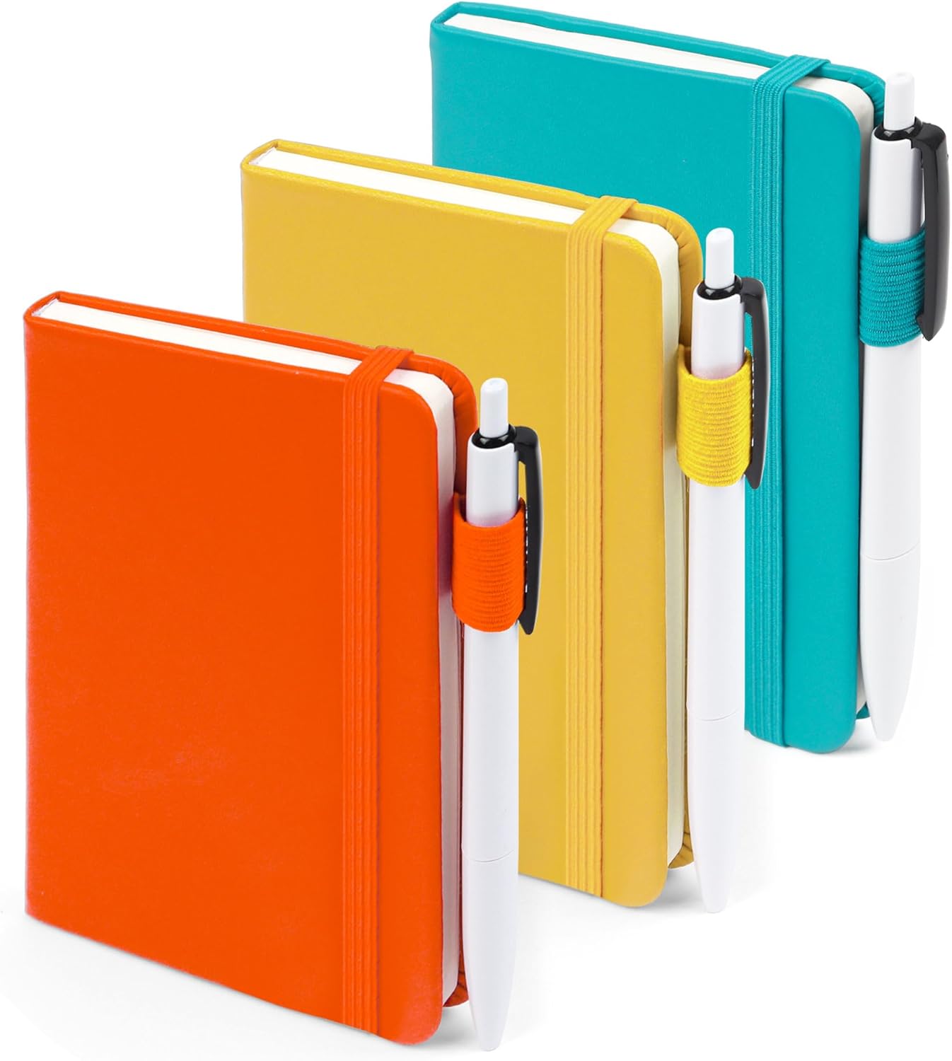 feela Pocket Notebook Journals, Mini Cute Small Hardcover College Ruled Notepad Office School Supplies, with 3 Black Pens, 3.5”x 5.5”, 3 Pack, A6, Solid Colors, Yellow, Orange, Emerald