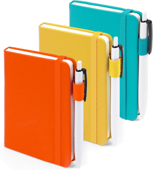 feela Pocket Notebook Journals, Mini Cute Small Hardcover College Ruled Notepad Office School Supplies, with 3 Black Pens, 3.5”x 5.5”, 3 Pack, A6, Solid Colors, Yellow, Orange, Emerald