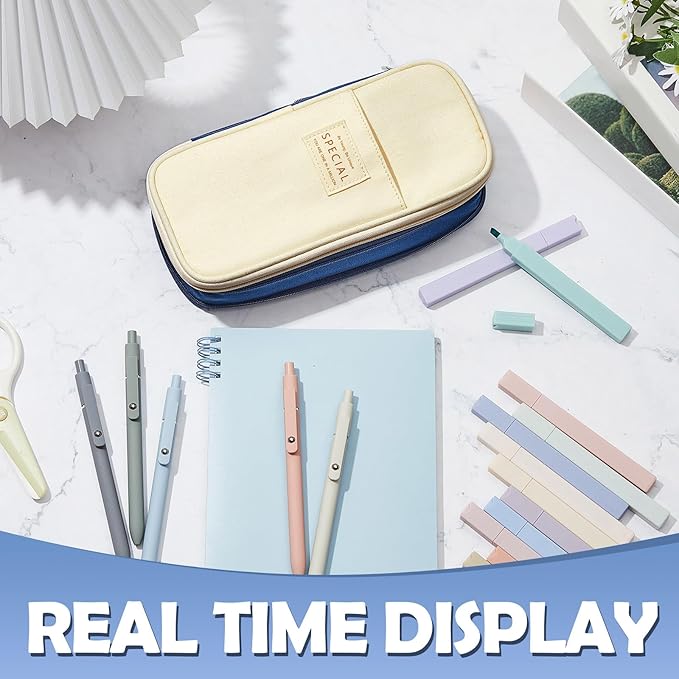 Henoyso 18 Set Aesthetic Bible Study Supplies Include Big Capacity Pen Bag with Zipper 12 Pcs Chisel Tip Bible Highlighters 5 Pcs Quick Dry Retractable Black Ink Pens for Office(Navy Blue)