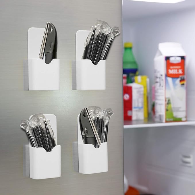 MoKo 4 Pack Magnetic Pen Holder for Whiteboard, Magnetic Dry Erase Marker Holder for Refrigerator Storage Magnetic Pencil Holder Locker Accessories for School, Office, Home - White